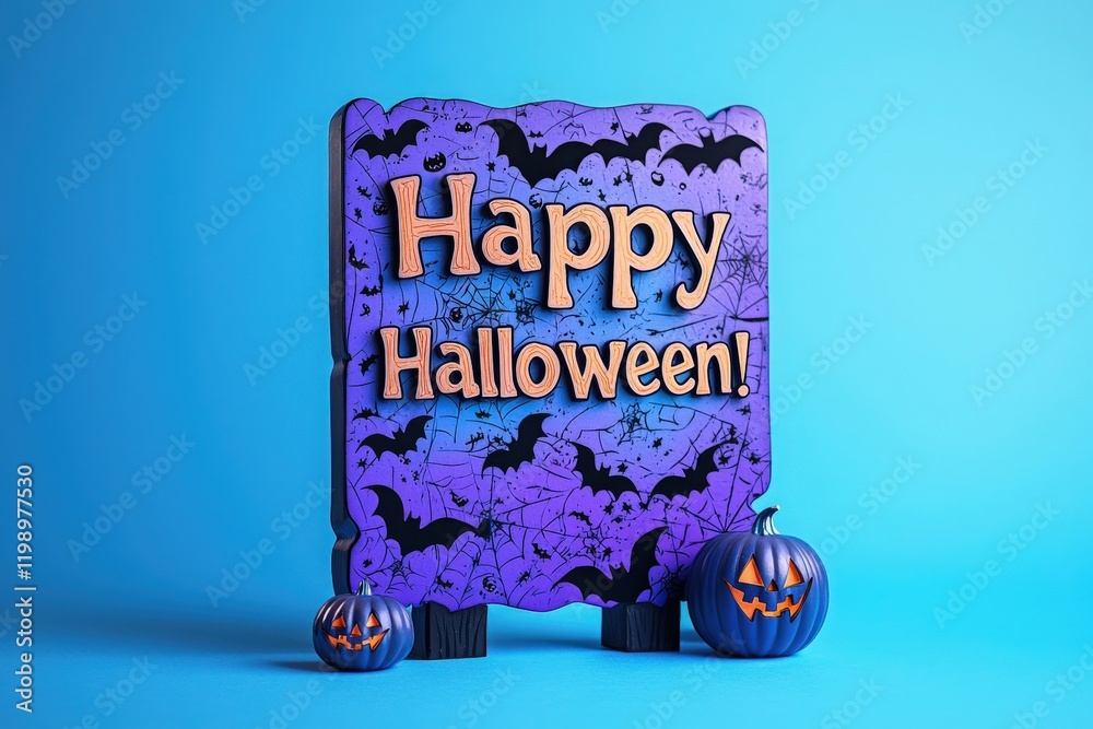 A vibrant decoration showcases a Happy Halloween message surrounded by bats and spider webs. Two pumpkins add to the festive atmosphere, perfect for celebrating the holiday.