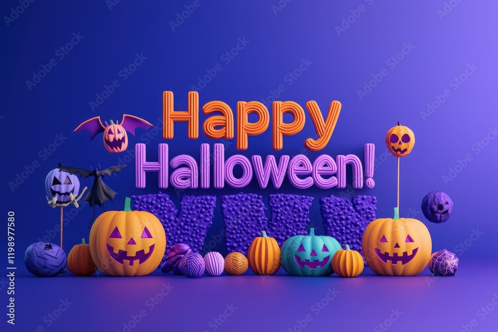Colorful Halloween decorations feature carved pumpkins, playful bats, and spooky characters against a purple background. This festive display captures the excitement of the holiday.