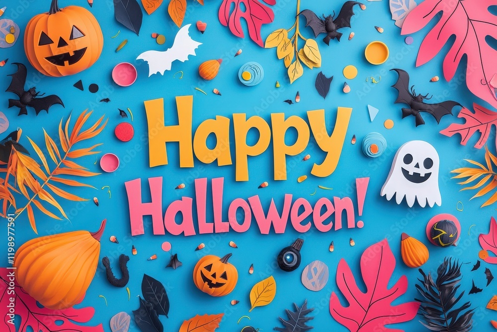 Vibrant Halloween decorations spread across a blue background feature pumpkins, bats, and playful ghost figures. Bright colors and a cheerful message create a festive atmosphere for the holiday.