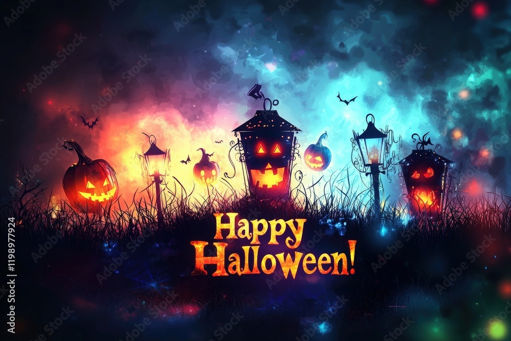 Brightly illuminated jack-o-lanterns and lanterns create a festive atmosphere, surrounded by a dark landscape. Colorful effects enhance the eerie charm of the Halloween celebration.