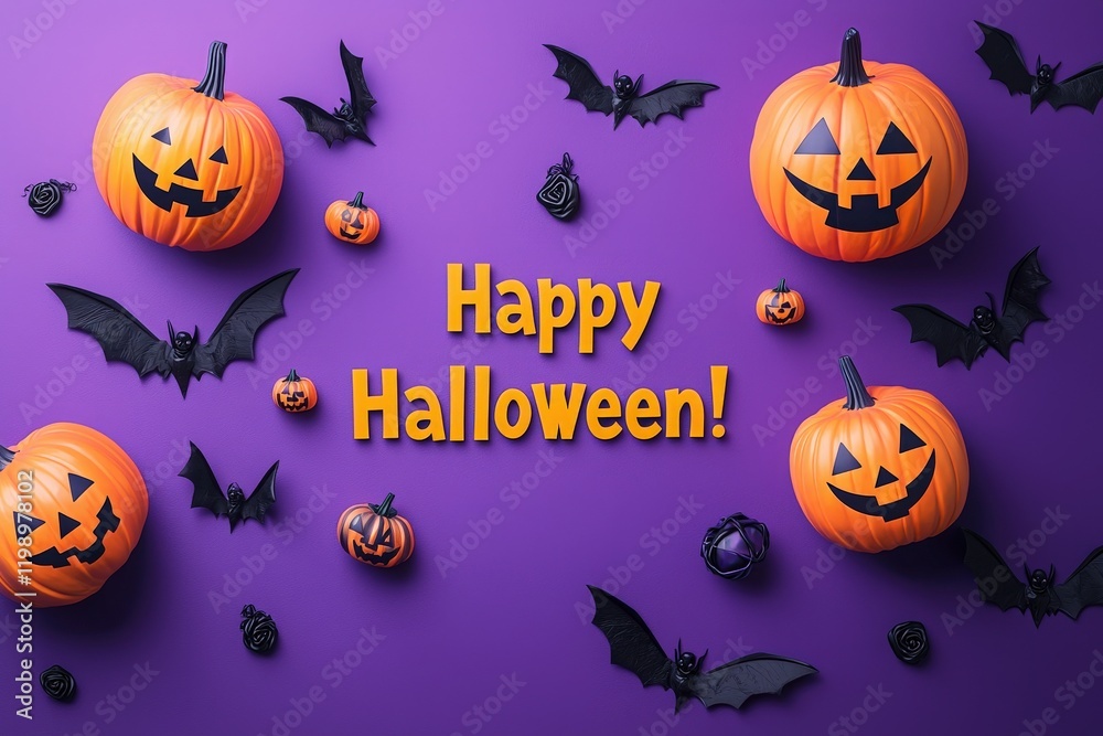 Colorful Halloween decorations feature carved pumpkins and black bats on a purple backdrop, creating a festive atmosphere for the holiday. The word Happy Halloween! stands out prominently.
