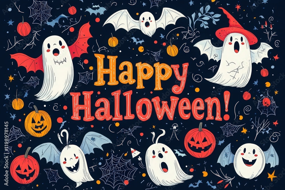 Colorful ghosts, bats, and pumpkins create a whimsical Halloween atmosphere. The vibrant artwork showcases playful spirits and festive elements, perfect for celebrating the spooky season.