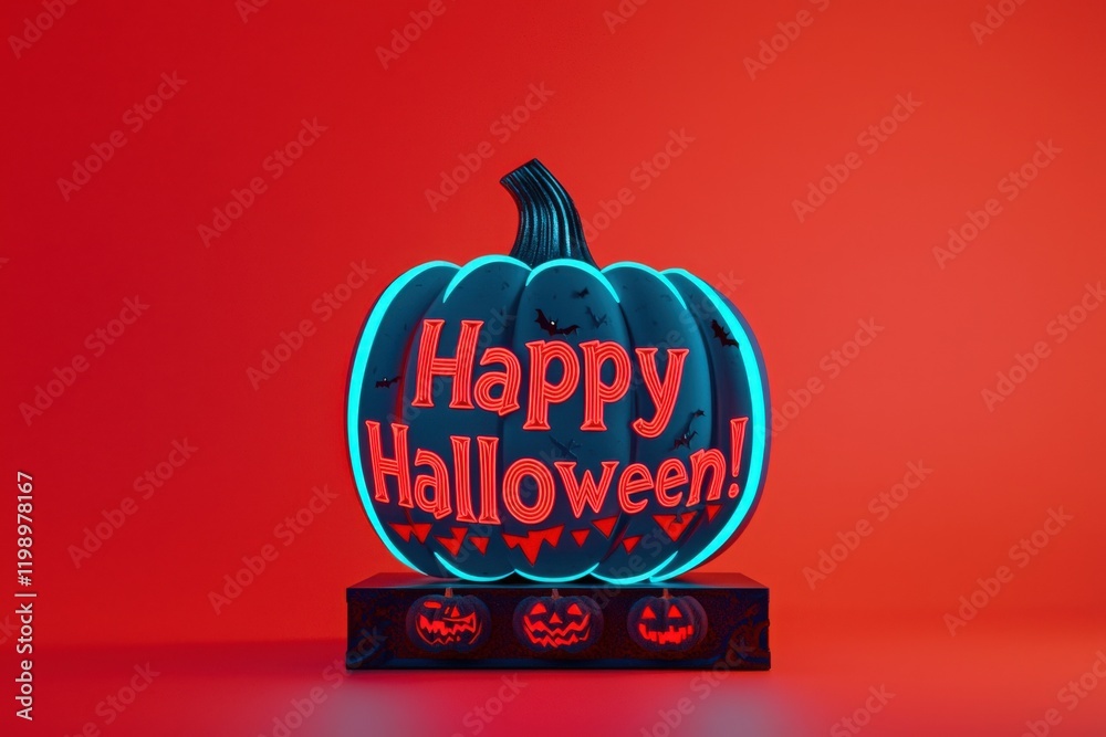 A bright, neon pumpkin decoration displays the message Happy Halloween! against a striking red background, capturing the festive spirit of the holiday with its glowing design and playful imagery.