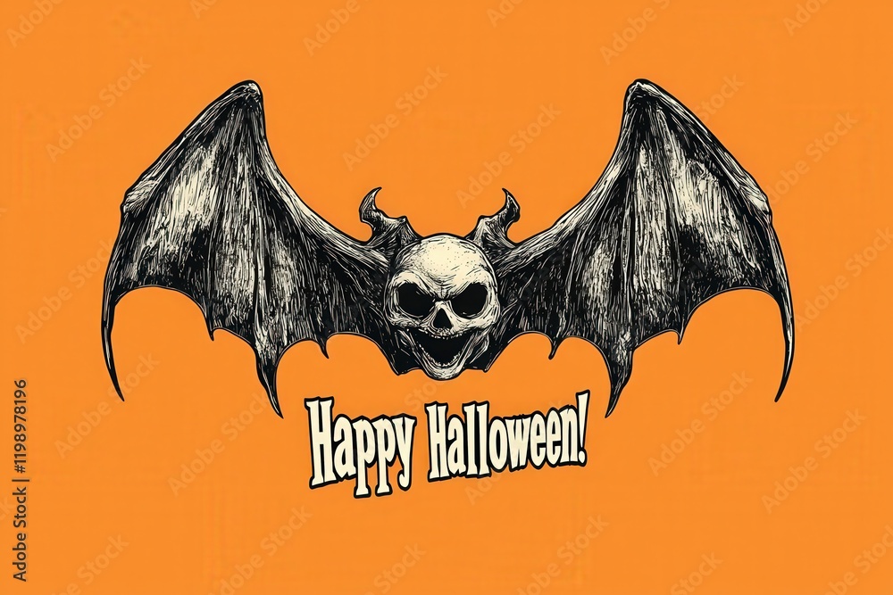 A detailed illustration features a large bat with outstretched wings, and a skull at its center.