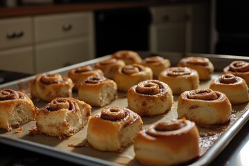 Wall Mural - Pan filled with warm and freshly baked cinnamon rolls, perfect for breakfast or brunch