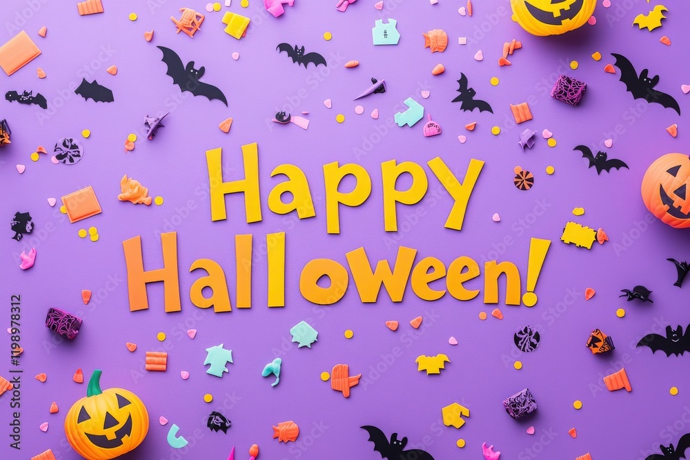 Bright orange letters spell out a Halloween greeting surrounded by assorted decorations, including pumpkins and bats, on a vibrant purple surface, creating a cheerful festive atmosphere.
