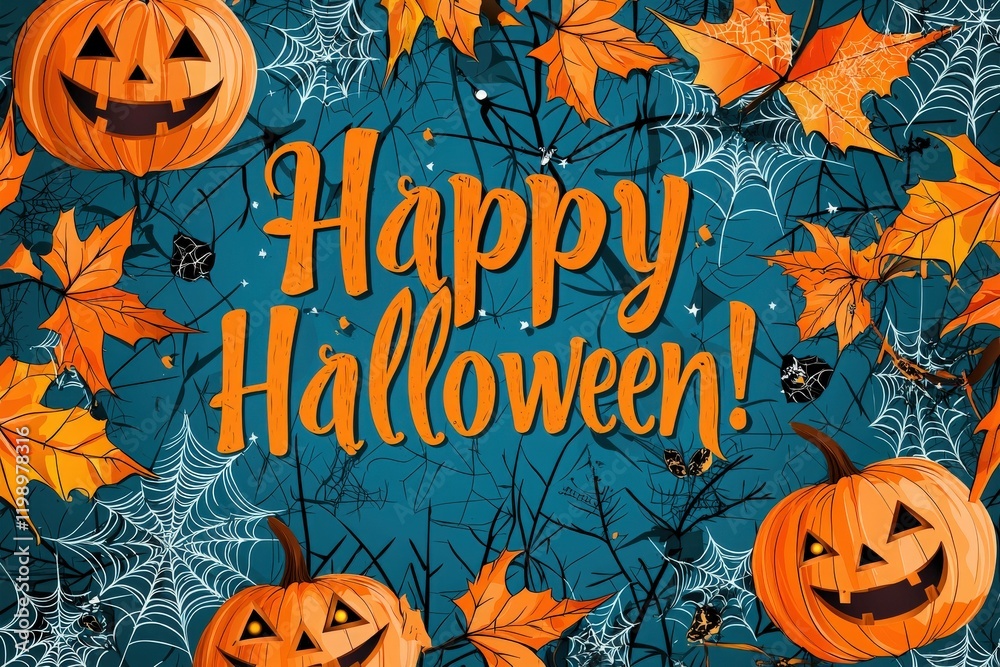 Colorful decorations featuring carved pumpkins and autumn leaves surround a cheerful greeting that celebrates Halloween. The background includes spider webs, adding a spooky touch to the festive mood.