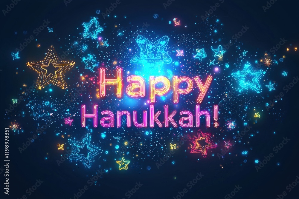 Festive lights and sparkling decorations create a joyful atmosphere celebrating Hanukkah. Colorful stars and the cheerful message convey warmth and happiness during this holiday season.