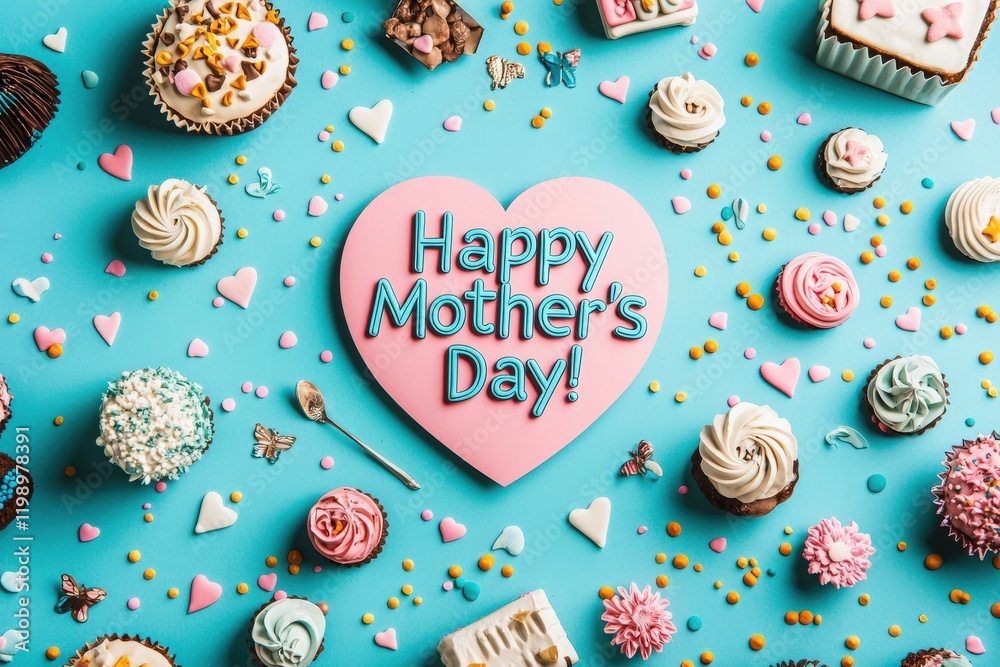 Colorful cupcakes and sweet treats are arranged around a large pink heart that reads Happy Mothers Day.