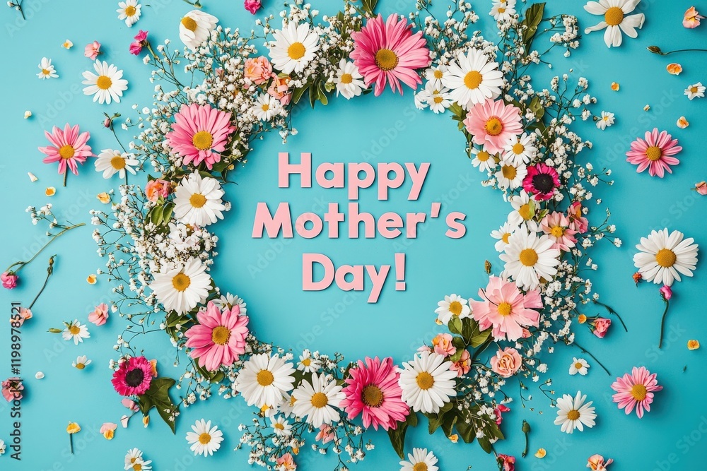 Bright flowers surround a playful text wishing Happy Mothers Day on a vibrant blue background. The arrangement features a mix of daisies and pink blooms, creating a festive atmosphere.