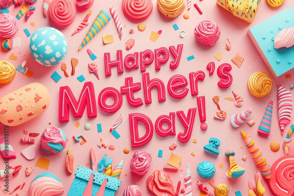 Vibrant decorations and sweet treats create a festive backdrop for Mothers Day celebrations. Colors and designs showcase joy and creativity, perfect for family gatherings or special occasions.