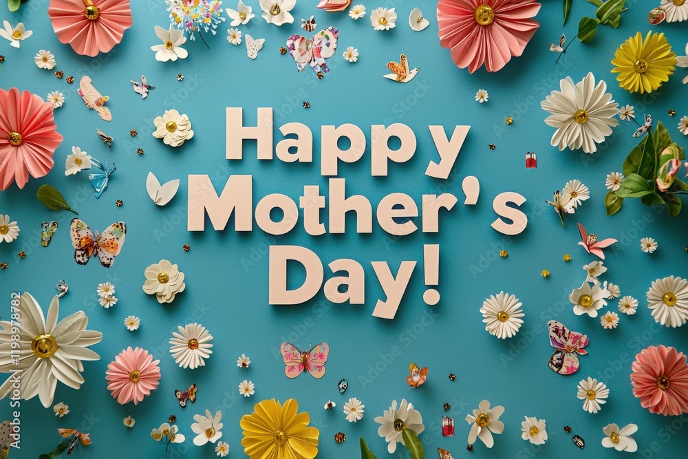 Colorful paper flowers and butterflies surround a cheerful message wishing Happy Mothers Day.