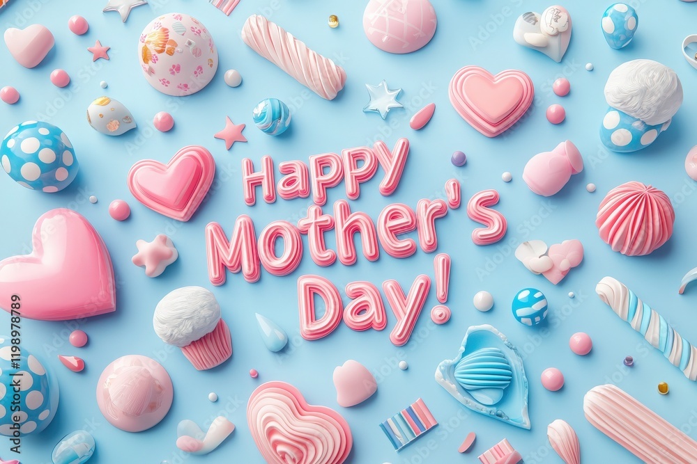 Brightly colored sweets arranged artistically against a blue background, showcasing various candies and desserts. The vibrant celebration emphasizes love and joy for Mothers Day with playful designs.