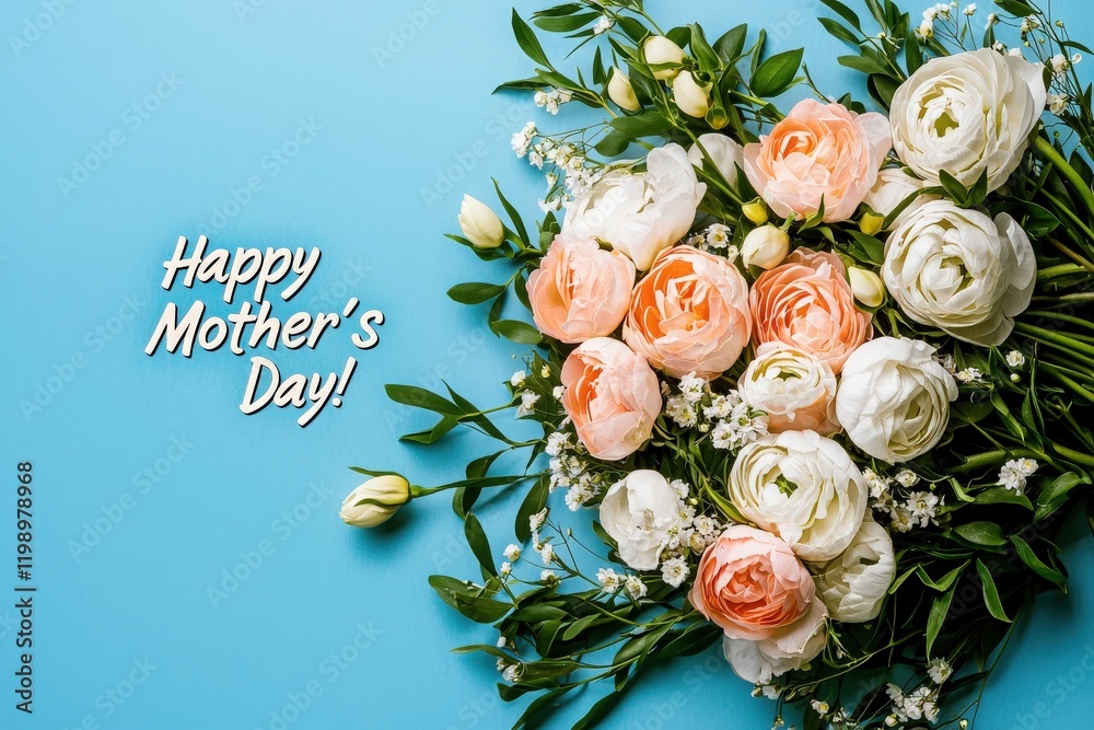 A vibrant arrangement of pastel roses and greenery is showcased against a bright blue backdrop, celebrating Mothers Day with joy and love. The heartfelt message adds to the festive spirit.