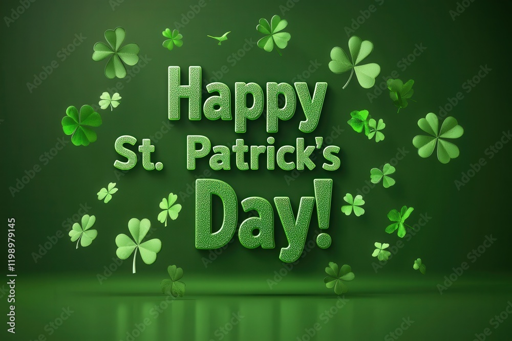 Bright green decorations fill the space with excitement for St. Patricks Day. Various shamrocks surround cheerful text wishing everyone a happy celebration filled with joy and fun.