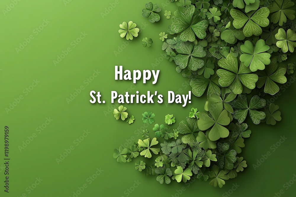 A festive display of green clovers arranged artistically on a bright green background. Text reads Happy St. Patricks Day! creating a joyful atmosphere for the holiday.