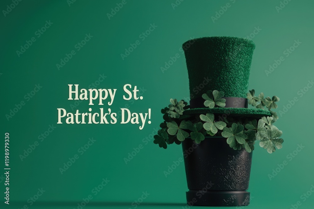 A green top hat adorned with clovers sits in a black pot, symbolizing St. Patricks Day festivities. The deep green background enhances the seasonal cheer and holiday spirit.
