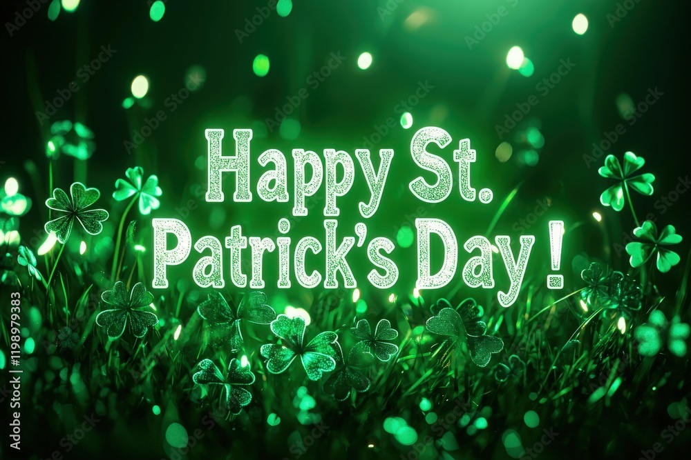 Green clovers and glowing lights create a cheerful ambiance for St. Patricks Day celebrations. This setting showcases the holiday spirit, filling the area with luck and joy.