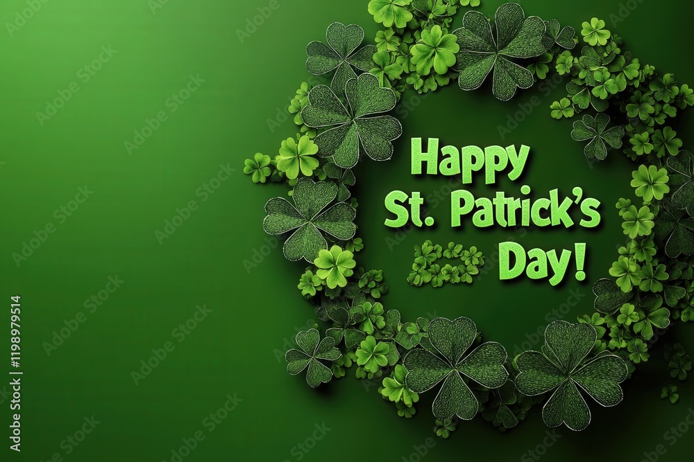 Decorative design celebrates St. Patricks Day with an arrangement of green shamrocks surrounding a festive message. The background emphasizes the holiday spirit with bright colors.
