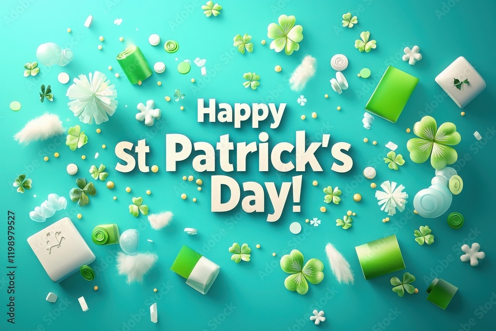 Colorful decorations in shades of green and white fill the space, celebrating St Patricks Day. Various festive items and symbols like clovers and clouds create a cheerful atmosphere for the holiday.