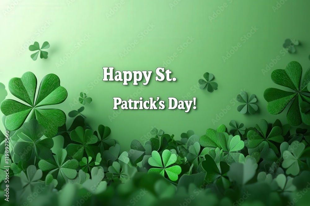 A lively display of green clovers fills the background, adorned with a cheerful message wishing everyone a happy St Patricks Day, perfect for the festive occasion.