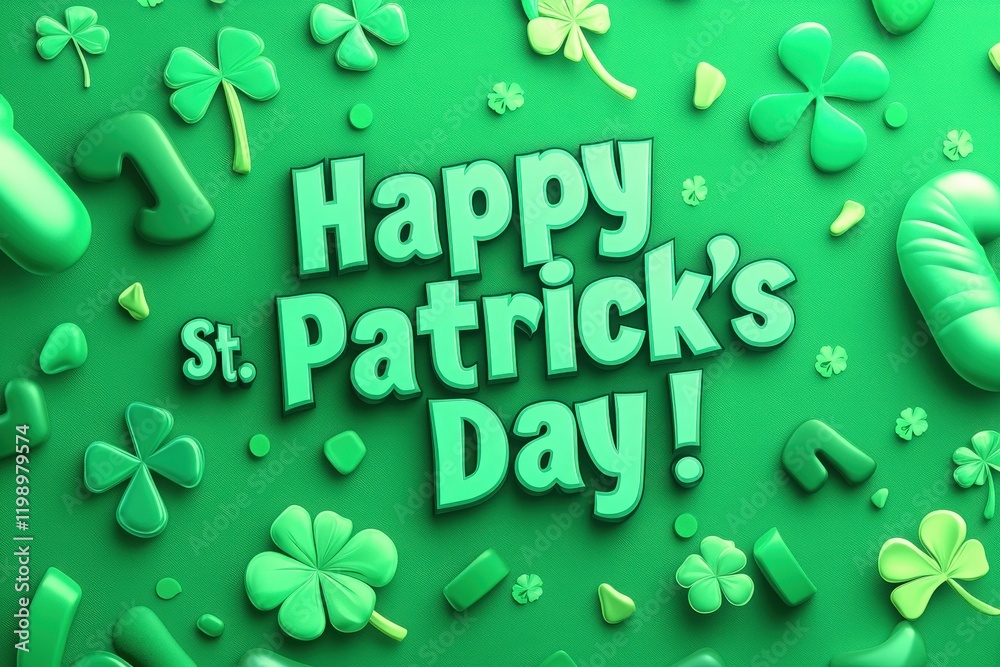 Bright green decorations celebrate St. Patricks Day with shamrocks and festive lettering. The vibrant display captures the cheerful spirit of the holiday, inviting joy and festivities.
