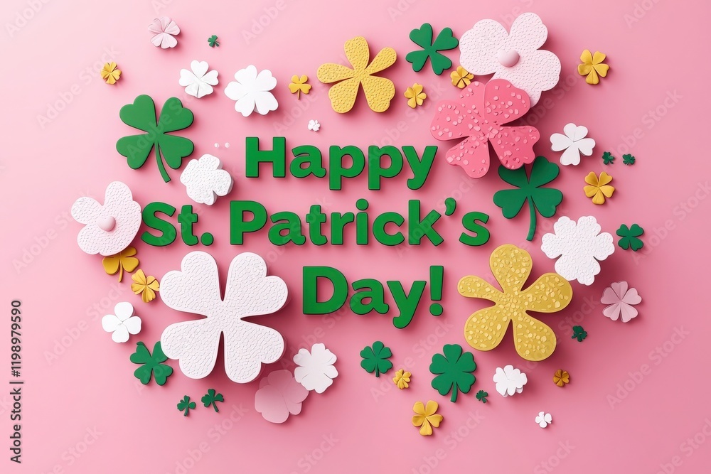 Various clovers and flowers create a cheerful atmosphere to commemorate St Patricks Day. The design features vibrant colors on a soft pink background, enhancing the festive spirit.