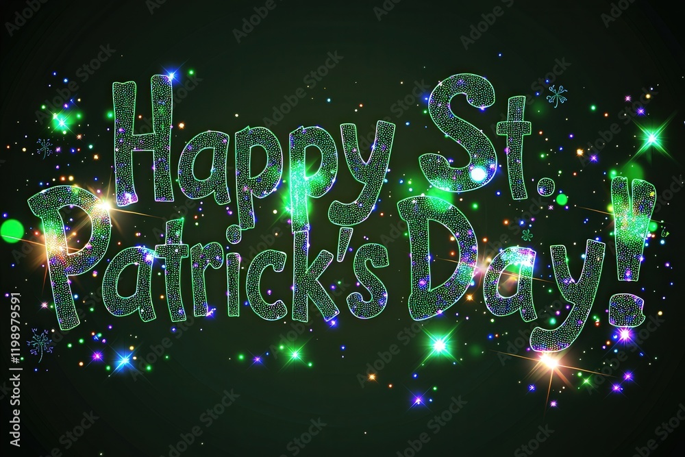 Colorful green letters spell out a joyful St Patricks Day greeting, surrounded by sparkling lights and festive elements, creating a lively atmosphere perfect for celebration.