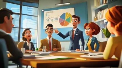 Poster - Cartoon style meeting with a group of animated characters around a conference table, one character pointing at a pie chart on the wall