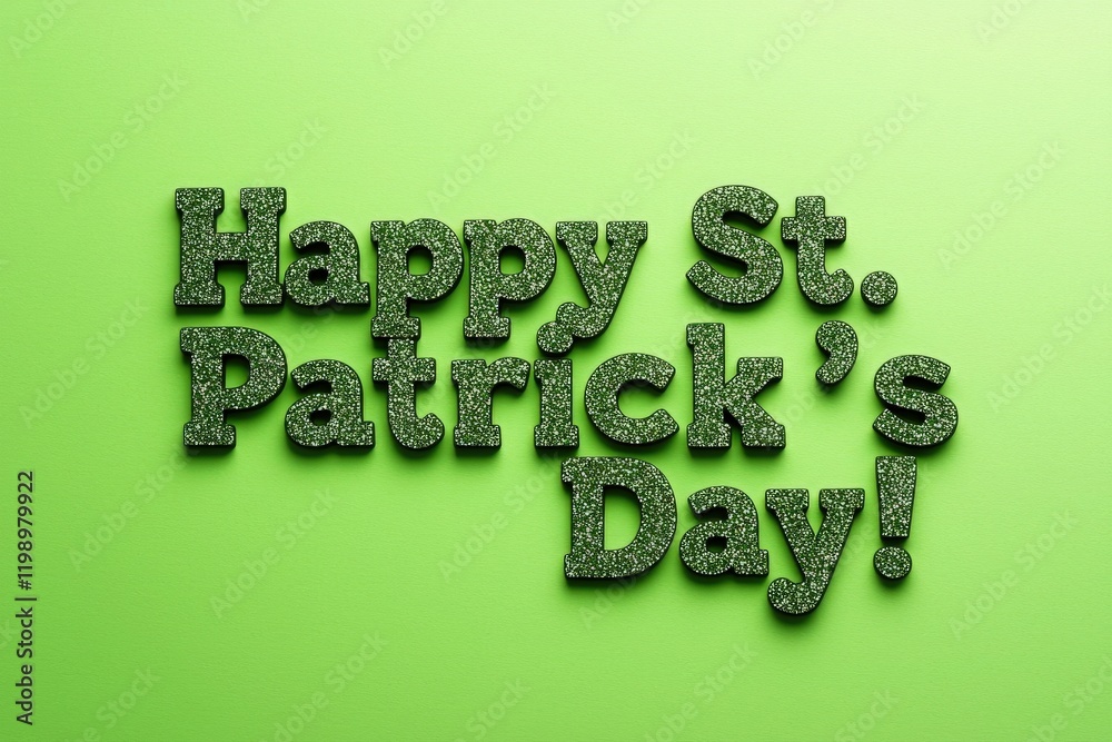 Bright green background showcases sparkling letters that express joyful St. Patricks Day wishes. The festive decor adds a lively touch for celebrations and gatherings.