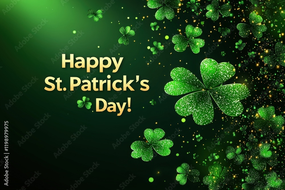 Festive clovers in various shades of green create a cheerful atmosphere, celebrating St. Patricks Day. The background sparkles with a magical touch, enhancing the joyful spirit of the holiday.