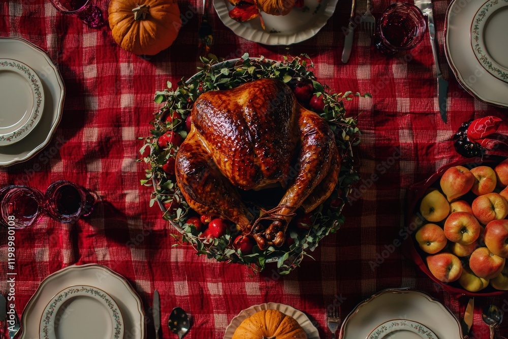 A celebratory Thanksgiving dinner showcases a golden roasted turkey at the center of a rustic table adorned with seasonal decorations, candles, and fresh produce.