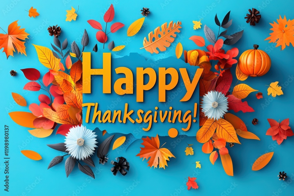 Colorful autumn leaves in shades of orange, yellow, and red surround a prominent Happy Thanksgiving message set against a bright blue background. A small pumpkin adds a festive touch.