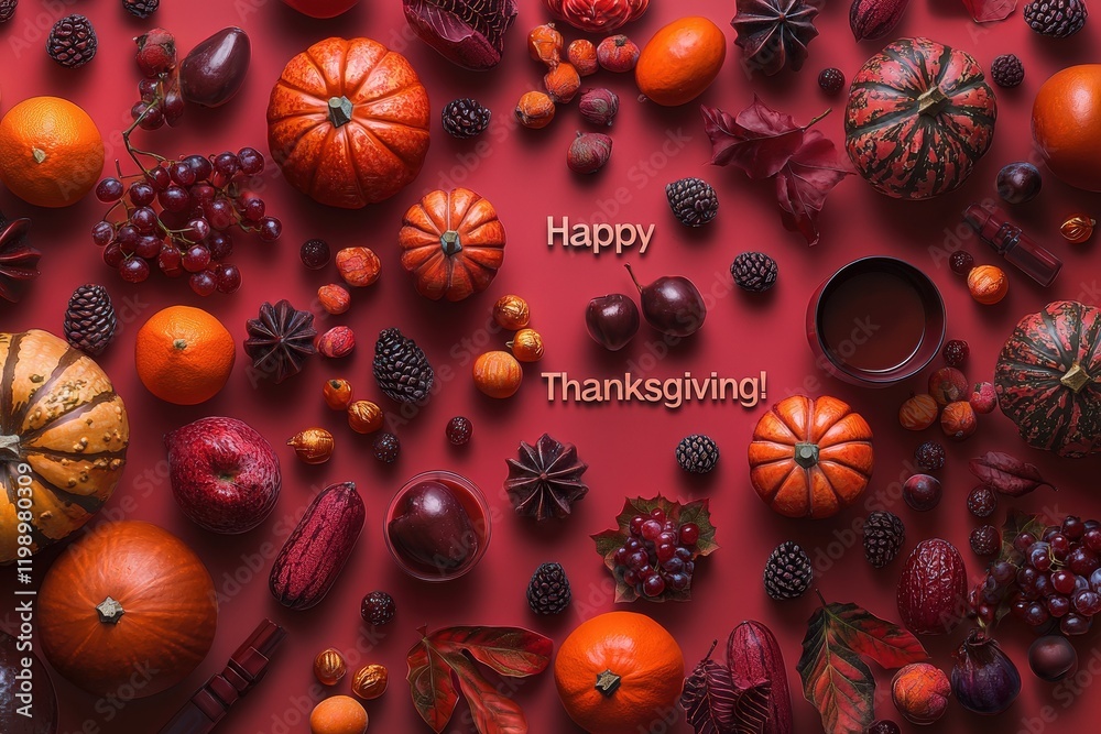 A vibrant display of pumpkins, grapes, and assorted autumn fruits creates a seasonal atmosphere. Decorative elements enhance the festive feeling, celebrating Thanksgiving joyfully.