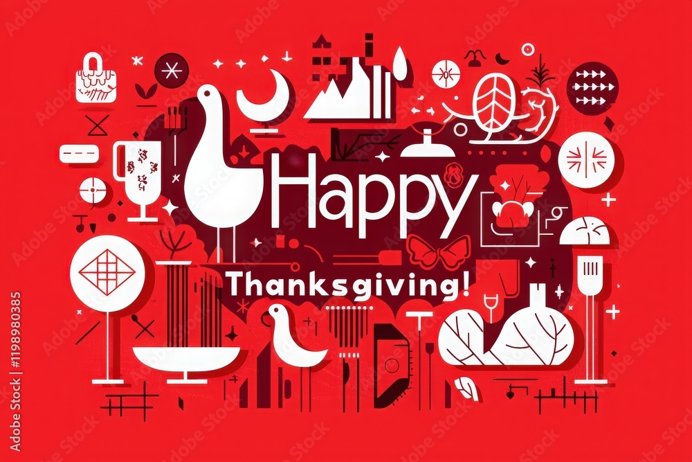 A vibrant design features symbols of Thanksgiving, including turkeys, autumn leaves, and drinks, all set against a bold red background conveying a sense of joy and festivity.