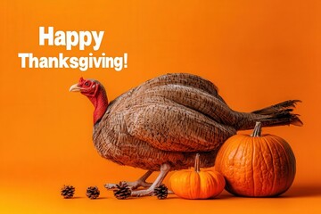 A turkey stands proudly among small pine cones and two pumpkins, all set against a bright orange backdrop. The festive Happy Thanksgiving! greeting adds to the holiday spirit.