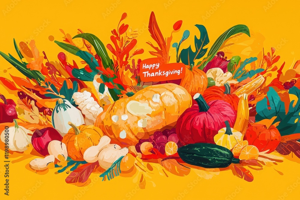 A vibrant display of pumpkins, gourds, and seasonal plants celebrates Thanksgiving. Lush colors and textures create a festive atmosphere, enhancing the joyful spirit of the holiday season.
