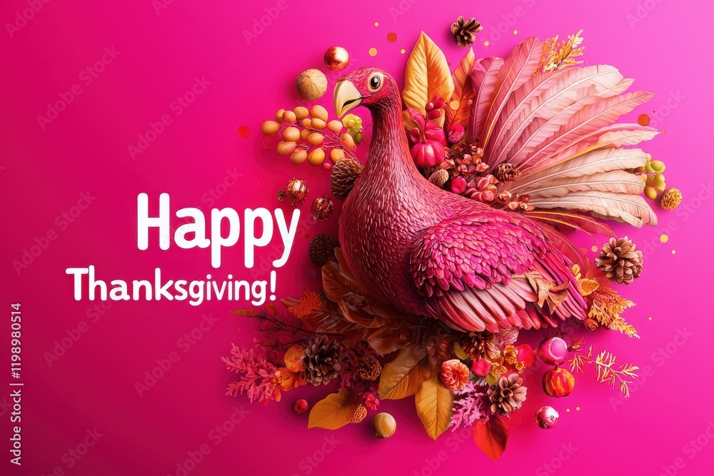 A vibrant pink turkey surrounded by colorful autumn leaves, pinecones, and berries displays a cheerful Thanksgiving message. This festive design captures the spirit of the holiday.