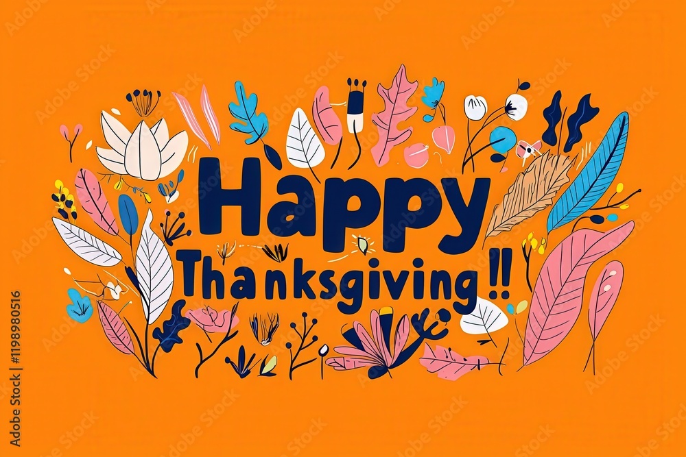 A cheerful Thanksgiving greeting featuring the words Happy Thanksgiving surrounded by colorful floral and leaf designs. The bright orange background enhances the festive mood.