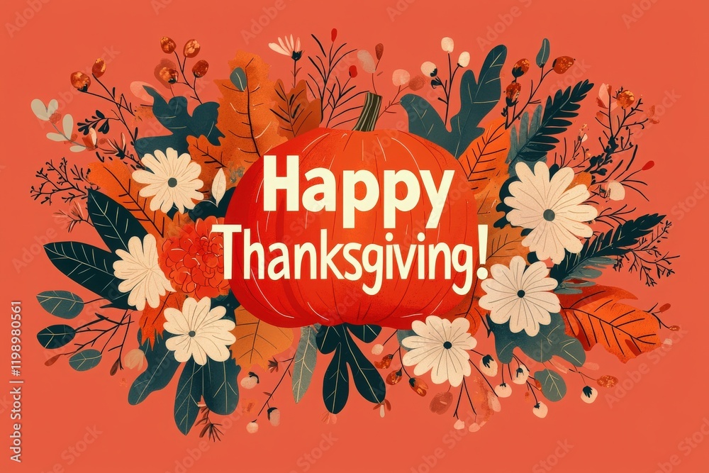 A vibrant display of autumn flowers and foliage surrounds a bright orange pumpkin, conveying a festive Thanksgiving spirit. Seasonal elements create a warm and inviting atmosphere.