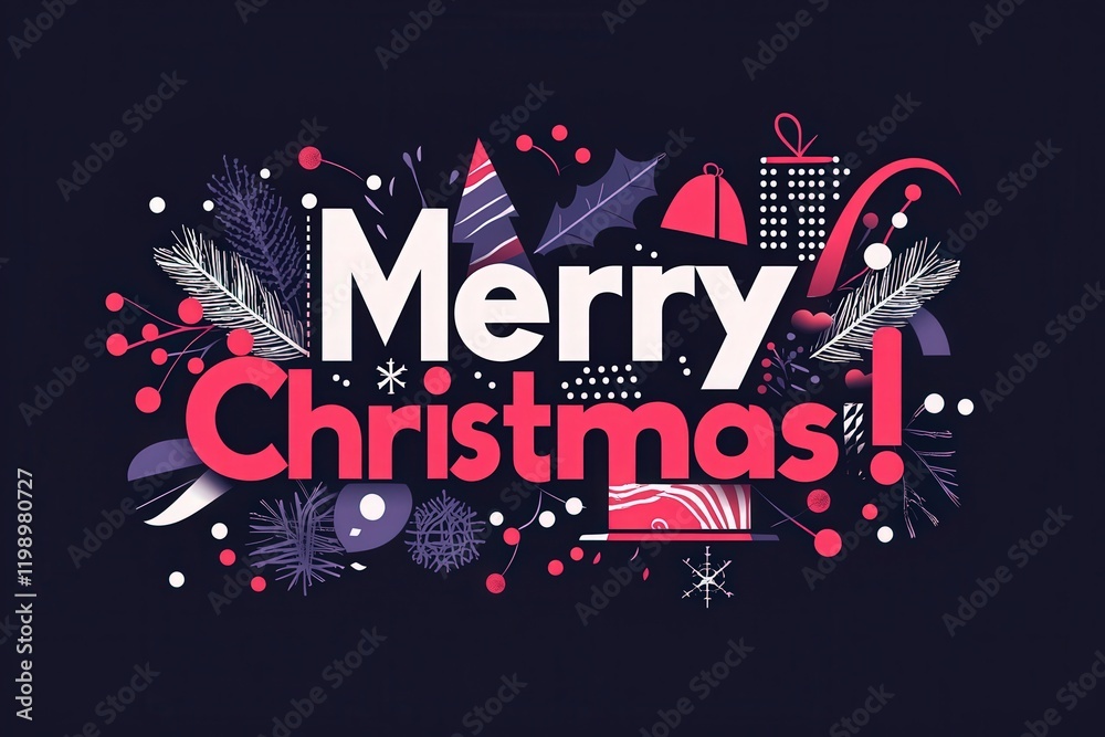 Bright and cheerful Christmas greeting features bold text with festive decorations like ornaments, snowflakes, and pine branches against a dark background, creating a joyful holiday spirit.