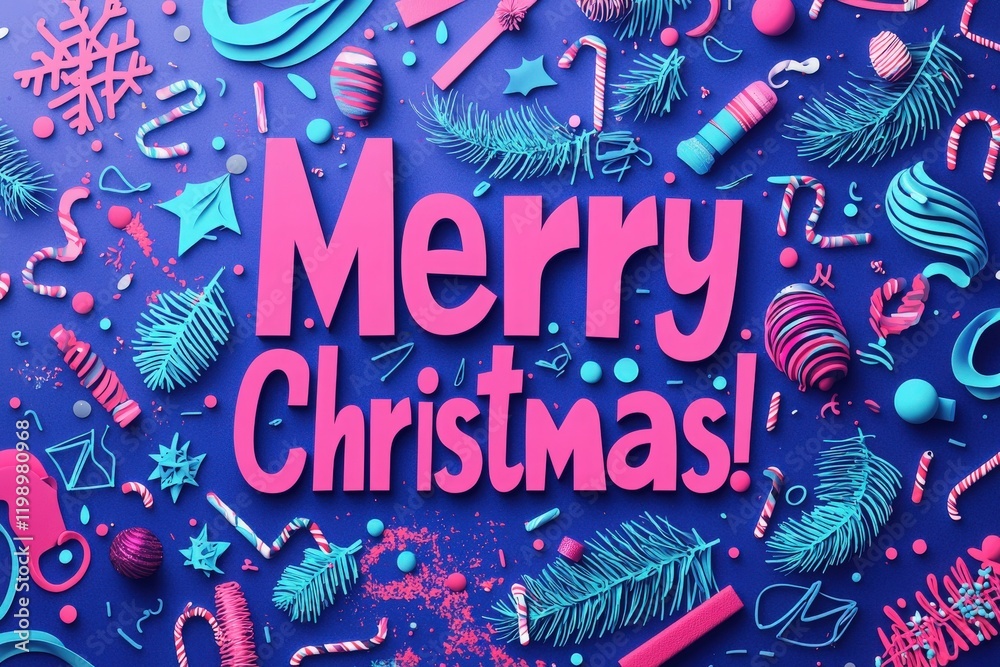 A festive arrangement features various Christmas decorations including ornaments, candy canes, and pine branches on a bold blue background. The words Merry Christmas stand out prominently.