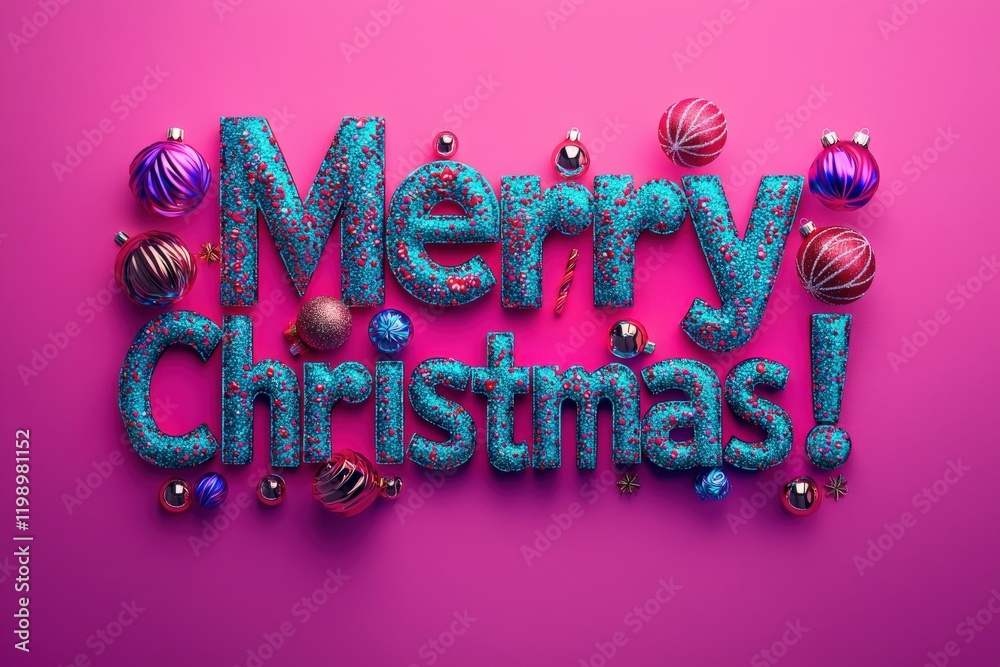 Colorful decorative letters spell out Merry Christmas, adorned with shiny ornaments, creating a cheerful atmosphere. The bright pink background enhances the festive spirit of the display.