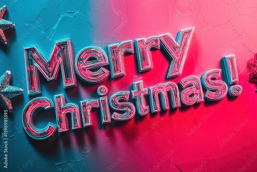 Bright and stylish Merry Christmas text is displayed prominently against a gradient background. Glittering stars surround the festive lettering, creating a cheerful holiday atmosphere.