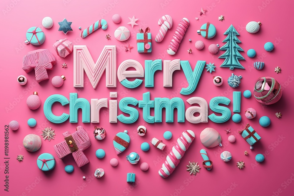 Brightly colored candies, ornaments, and decorations are arranged creatively against a pink background. The words Merry Christmas! stand out, enhancing the joyful holiday atmosphere.