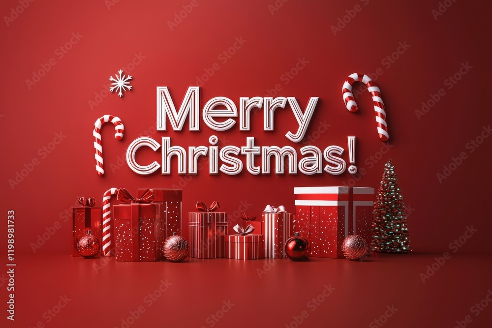 A vibrant festive setup showcases wrapped presents, candy canes, and a decorated tree. The words Merry Christmas stand out against a rich red backdrop, creating a joyful holiday atmosphere.