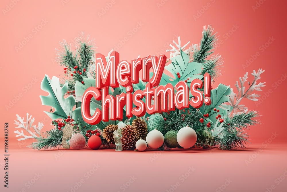 A vibrant display of Christmas cheer showcases the words Merry Christmas in bold red, surrounded by assorted ornaments, pinecones, and holiday foliage against a soft pink backdrop.