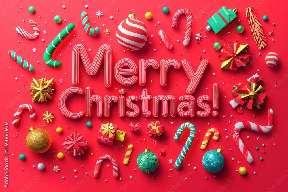 A vibrant arrangement of Christmas ornaments, candy canes, and gifts sprawls over a bright red backdrop, creating a cheerful atmosphere that embodies holiday spirit and joy.
