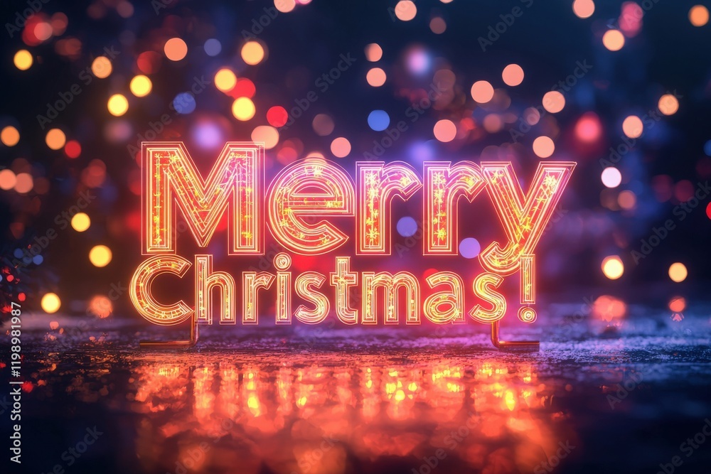 Colorful lights spell out a festive greeting, creating a vibrant atmosphere during a holiday celebration. The scene reflects joy and warmth amidst a chilly winter backdrop.