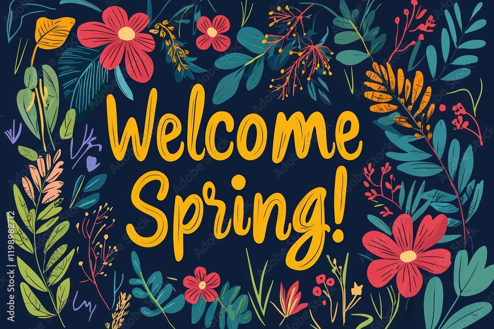 Bright colors and floral designs welcome the season of spring. Various flowers and leaves create a lively border that captures the essence of renewal and growth.
